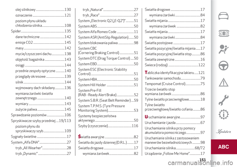 Alfa Romeo 4C 2021  Instrukcja obsługi (in Polish) 151
olej silnikowy ..........................................130
oznaczenie ...............................................121
poziom płynu układu 
chłodzenia silnika...............................