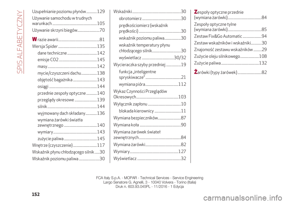 Alfa Romeo 4C 2020  Instrukcja obsługi (in Polish) SPIS ALFABETYCZNY
152
Uzupełnianie poziomu płynów .............129 
Używanie samochodu w trudnych
warunkach ......................................................105
Używanie skrzyni biegów.....