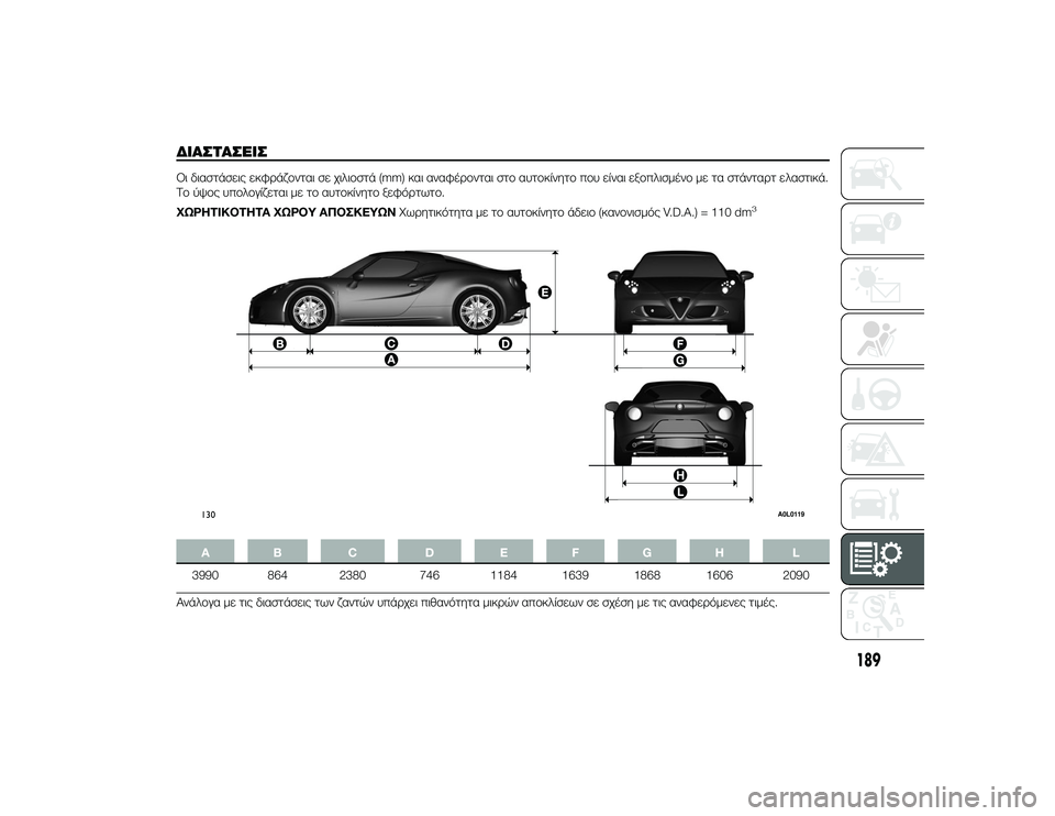 Alfa Romeo 4C 2013 ΒΙΒΛΙΟ ΧΡΗΣΗΣ ΚΑΙ ΣΥΝΤΗΡΗΣΗΣ (in Greek) ΔΙΑΣΤΑΣΌbΙΣΟι διαστάσεις εκφTPάζTfνται σε χιλιTfστά (mm) και αναφέTPTfνται στTf αυτTfκίνητTf πTfυ είναι εξTfπλισμένTf με Alfa Romeo 4C 2013 ΒΙΒΛΙΟ ΧΡΗΣΗΣ ΚΑΙ ΣΥΝΤΗΡΗΣΗΣ (in Greek) ΔΙΑΣΤΑΣΌbΙΣΟι διαστάσεις εκφTPάζTfνται σε χιλιTfστά (mm) και αναφέTPTfνται στTf αυτTfκίνητTf πTfυ είναι εξTfπλισμένTf με