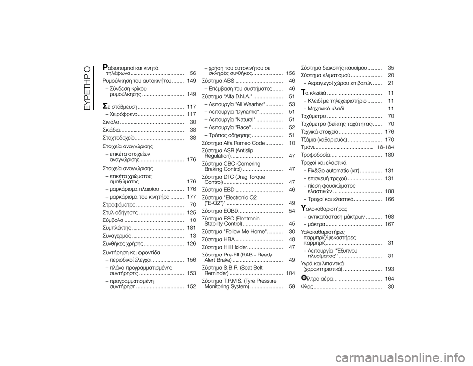 Alfa Romeo 4C 2013  ΒΙΒΛΙΟ ΧΡΗΣΗΣ ΚΑΙ ΣΥΝΤΗΡΗΣΗΣ (in Greek) Ραδιοπομποί και κιν'bτά
τ'bλέφωνα .................................... 56
Ρυμούλκ'bσ'b του αυτοκιν'fτου ........ 149 – Σύνδεσ