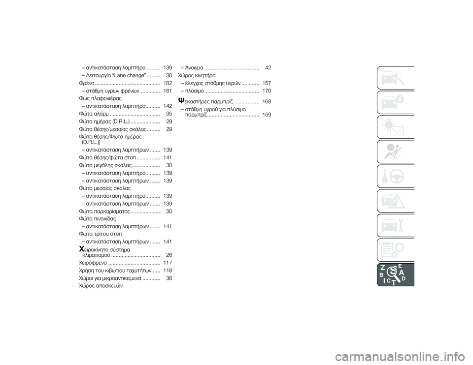 Alfa Romeo 4C 2013  ΒΙΒΛΙΟ ΧΡΗΣΗΣ ΚΑΙ ΣΥΝΤΗΡΗΣΗΣ (in Greek) – αντικατάστασ'b λαμπτ'fρα ......... 139
– Λειτουργία “Lane change” ......... 30
Φρένα ............................................ 182 – στάθμ
