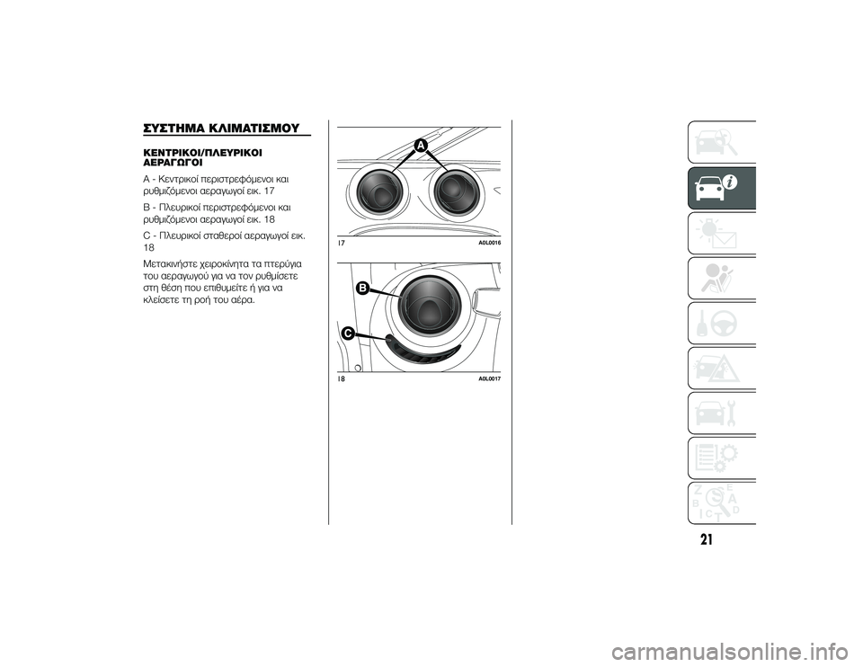 Alfa Romeo 4C 2013  ΒΙΒΛΙΟ ΧΡΗΣΗΣ ΚΑΙ ΣΥΝΤΗΡΗΣΗΣ (in Greek) 18
A0L0017
21
ΣΥΣΤΌfΜΑ ΚΛΙΜΑΤΙΣΜΟΥΚΌbΝΤΡΙΚΟΙ/ΠΛΌbΥΡΙΚΟΙ
ΑΌbΡΑΓΩΓΟΙ
A - ΚεντTPικTfί πεTPιστTPεφόμενTfι και
TPυθμιζόμενTfι α