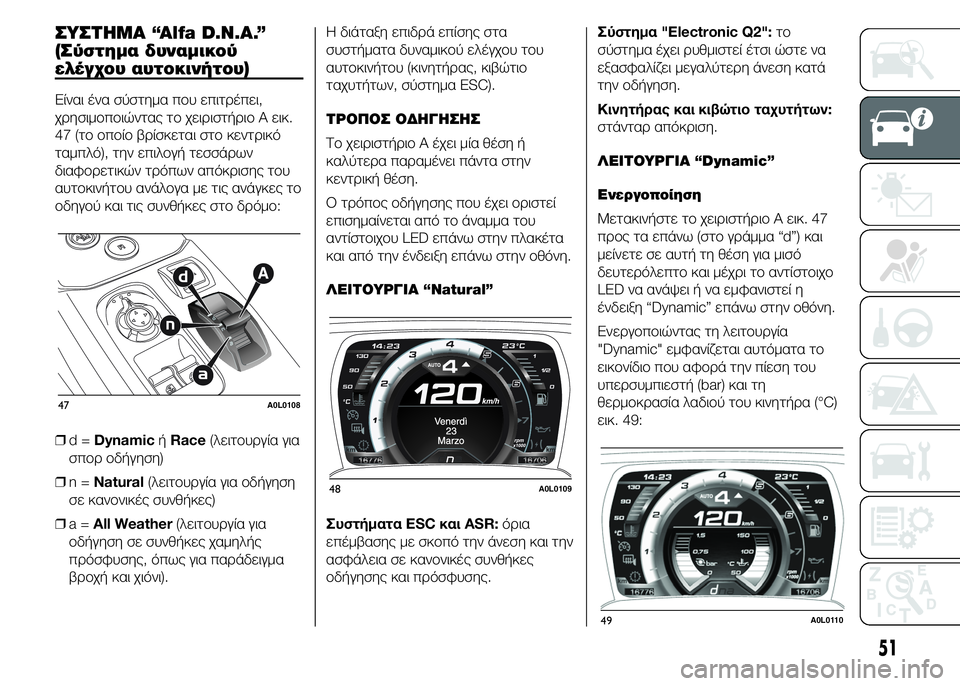 Alfa Romeo 4C 2015  ΒΙΒΛΙΟ ΧΡΗΣΗΣ ΚΑΙ ΣΥΝΤΗΡΗΣΗΣ (in Greek) ΣΥΣΤΗΜΑ “Alfa D.N.A.”
(Σύστημα δυναμικού
ελέγχου αυτοκινήτου)
Είναι ένα σύστημα που επιτρέπει,
χρησιμοποιώντας τ