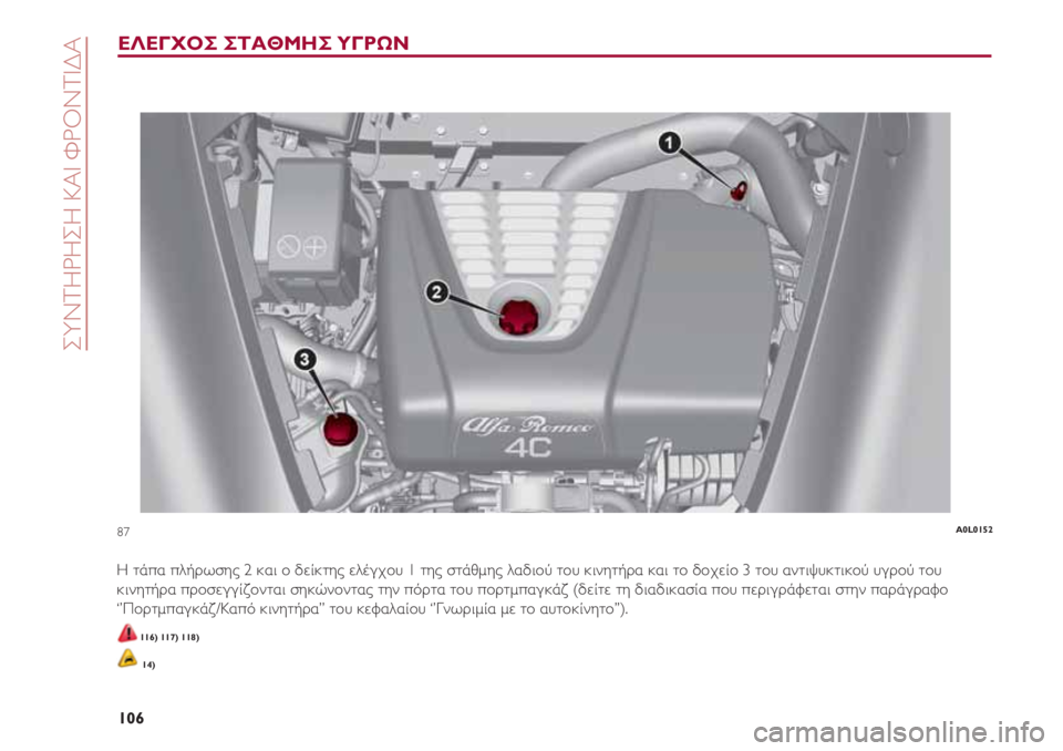 Alfa Romeo 4C 2021  ΒΙΒΛΙΟ ΧΡΗΣΗΣ ΚΑΙ ΣΥΝΤΗΡΗΣΗΣ (in Greek) ΣΥΝΤΗΡΗΣΗ ΚΑΙ ΦΡΟΝΤΙΔΑ
106
ΕΛΕΓΧΟΣ ΣΤΑΘΜΗΣ ΥΓΡΩΝ
Η τάπα πλήρωσης 2 και ο δείκτης ελέγχου 1 της στάθμης λαδιού το