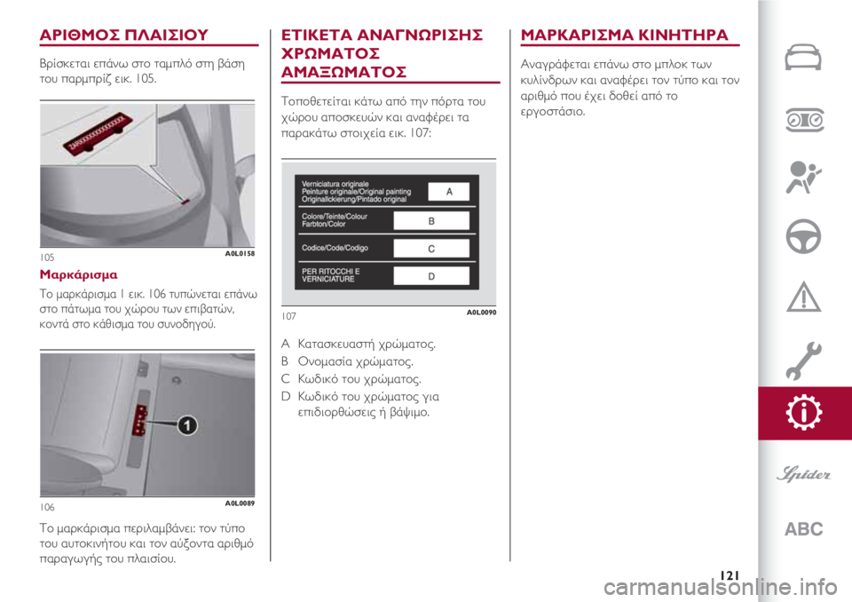 Alfa Romeo 4C 2021 ΒΙΒΛΙΟ ΧΡΗΣΗΣ ΚΑΙ ΣΥΝΤΗΡΗΣΗΣ (in Greek) 121
ΑΡΙΘΜΟΣ ΠΛΑΙΣΙΟΥ
Βρίσκεται επάνω στο ταμπλό στη βάση
του παρμπρίζ εικ. 105.
Μαρκάρισμα
Το μαρκάρισμα 1 εικ. 106 Alfa Romeo 4C 2021 ΒΙΒΛΙΟ ΧΡΗΣΗΣ ΚΑΙ ΣΥΝΤΗΡΗΣΗΣ (in Greek) 121
ΑΡΙΘΜΟΣ ΠΛΑΙΣΙΟΥ
Βρίσκεται επάνω στο ταμπλό στη βάση
του παρμπρίζ εικ. 105.
Μαρκάρισμα
Το μαρκάρισμα 1 εικ. 106
