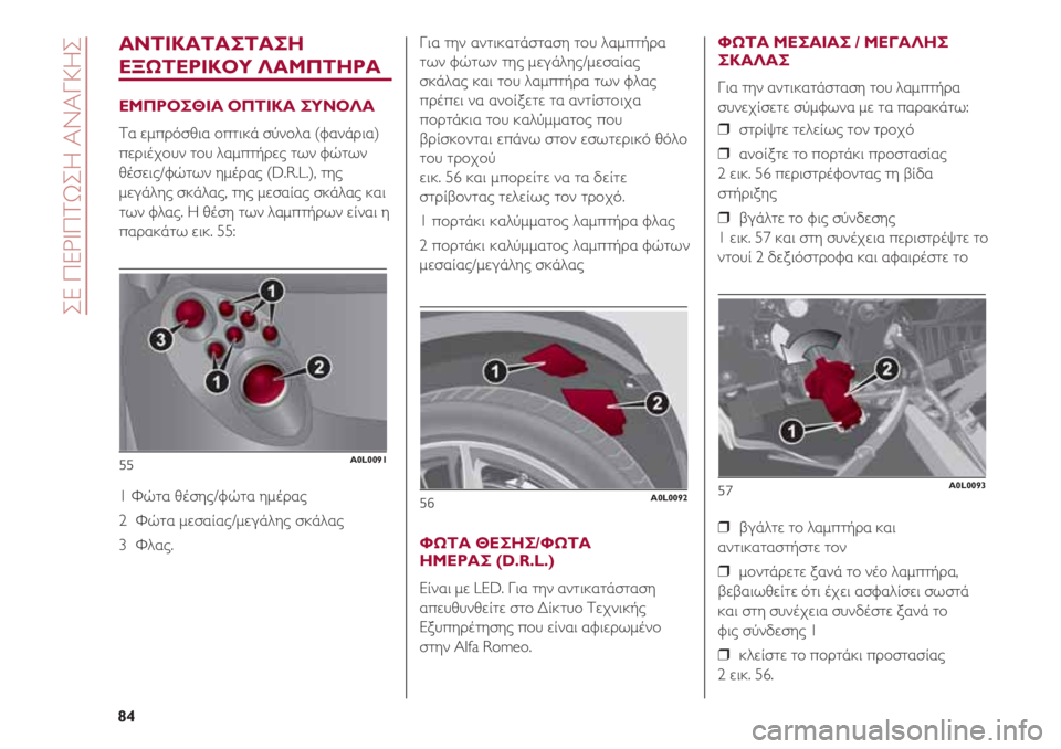 Alfa Romeo 4C 2020  ΒΙΒΛΙΟ ΧΡΗΣΗΣ ΚΑΙ ΣΥΝΤΗΡΗΣΗΣ (in Greek) ΑΝΤΙΚΑΤΑΣΤΑΣΗ
ΕΞΩΤΕΡΙΚΟΥ ΛΑΜΠΤΗΡΑ
ΕΜΠΡΟΣΘΙΑ ΟΠΤΙΚΑ ΣΥΝΟΛΑ
Τα εμπρόσθια οπτικά σύνολα (φανάρια)
περιέχουν το