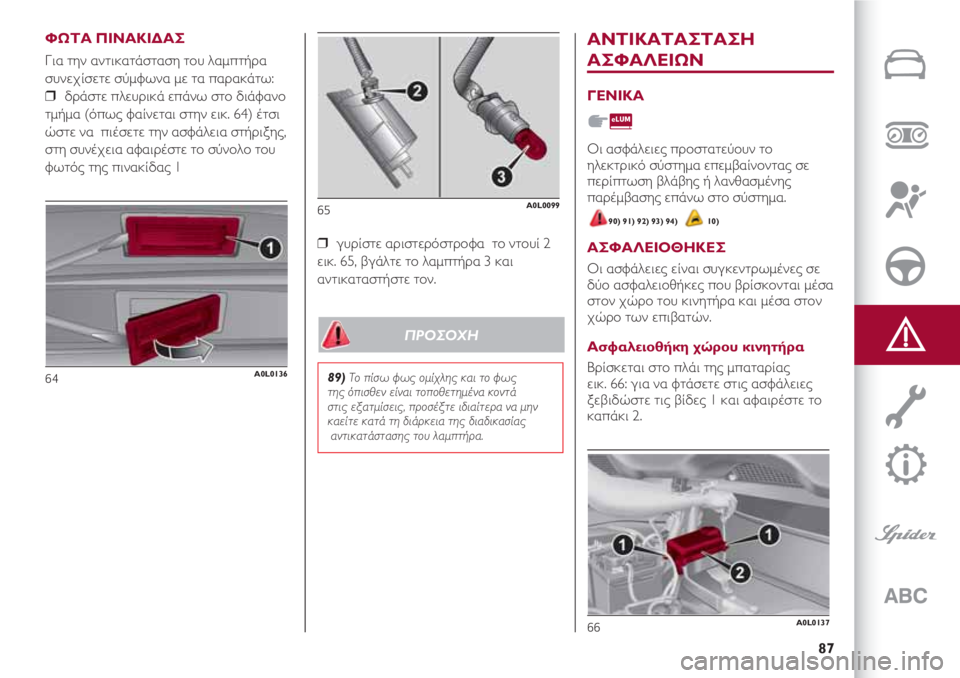 Alfa Romeo 4C 2020  ΒΙΒΛΙΟ ΧΡΗΣΗΣ ΚΑΙ ΣΥΝΤΗΡΗΣΗΣ (in Greek) 87
ΦΩΤΑ ΠΙΝΑΚΙΔΑΣ
Για την αντικατάσταση του λαμπτήρα
συνεχίσετε σύμφωνα με τα παρακάτω:
❒  δράστε πλευρικά επ�