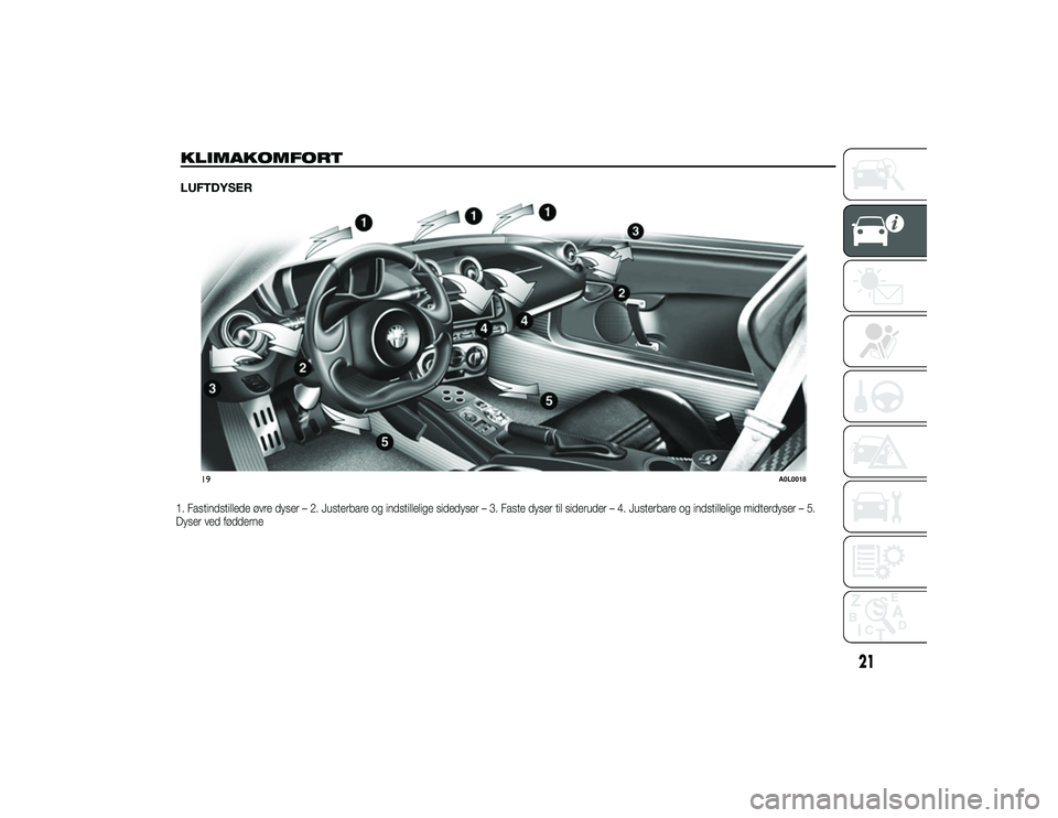 Alfa Romeo 4C 2013 Brugs- og vedligeholdelsesvejledning (in Danish) 1. Fastindstillede øvre dyser – 2. Justerbare og indstillelige sidedyser – 3. Faste dyser til sideruder – 4. Justerbare og indstillelige midterdyser – 5.
Dyser ved fødderne
19
A0L0018
21
30- Alfa Romeo 4C 2013 Brugs- og vedligeholdelsesvejledning (in Danish) 1. Fastindstillede øvre dyser – 2. Justerbare og indstillelige sidedyser – 3. Faste dyser til sideruder – 4. Justerbare og indstillelige midterdyser – 5.
Dyser ved fødderne
19
A0L0018
21
30-