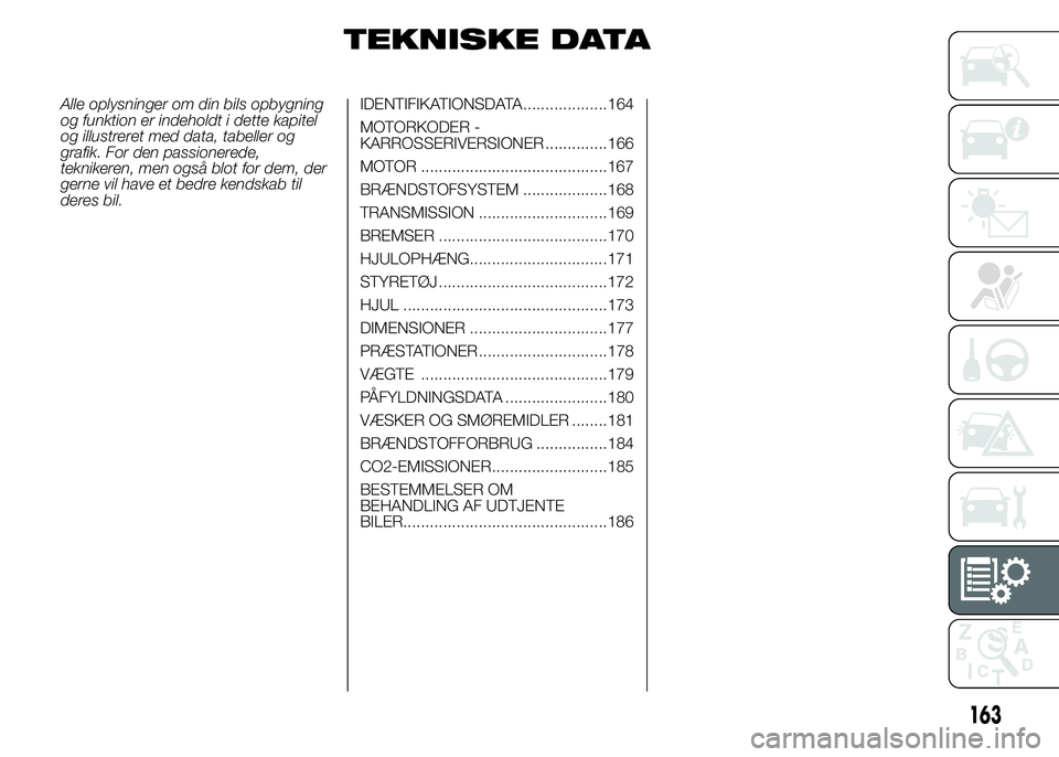 Alfa Romeo 4C 2015  Brugs- og vedligeholdelsesvejledning (in Danish) TEKNISKE DATA
Alle oplysninger om din bils opbygning
og funktion er indeholdt i dette kapitel
og illustreret med data, tabeller og
grafik. For den passionerede,
teknikeren, men også blot for dem, der