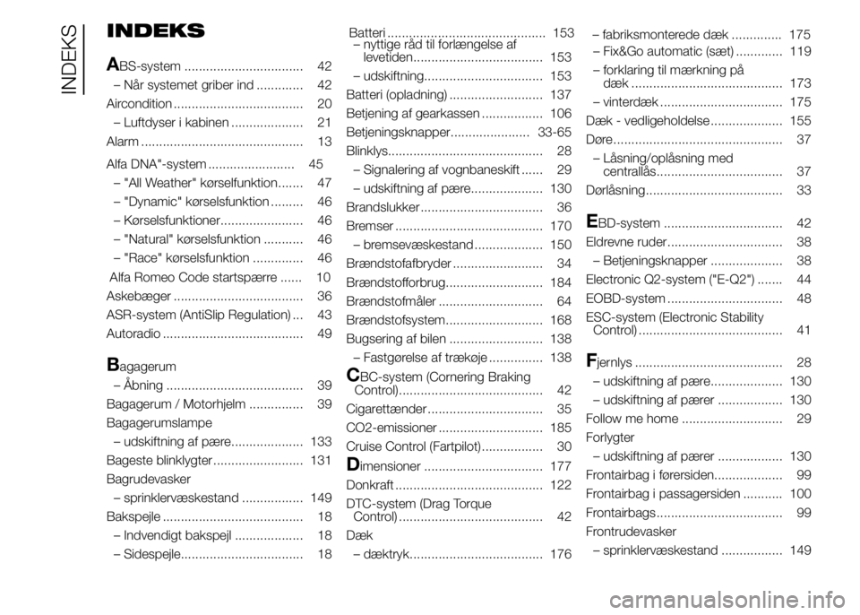 Alfa Romeo 4C 2015  Brugs- og vedligeholdelsesvejledning (in Danish) INDEKS
A
BS-system ................................. 42
– Når systemet griber ind ............. 42
Aircondition .................................... 20
– Luftdyser i kabinen .................... 