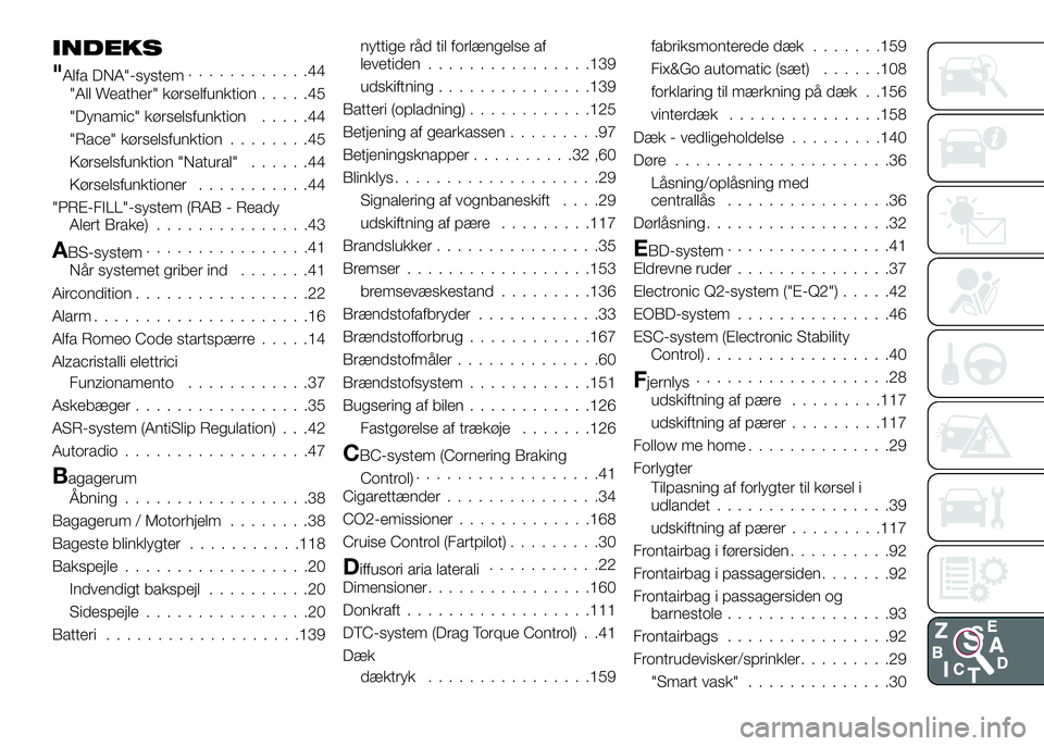 Alfa Romeo 4C 2016  Brugs- og vedligeholdelsesvejledning (in Danish) INDEKS
"Alfa DNA"-system............44
"All Weather" kørselfunktion.....45
"Dynamic" kørselsfunktion.....44
"Race" kørselsfunktion........45
Kørselsfunktion "Na