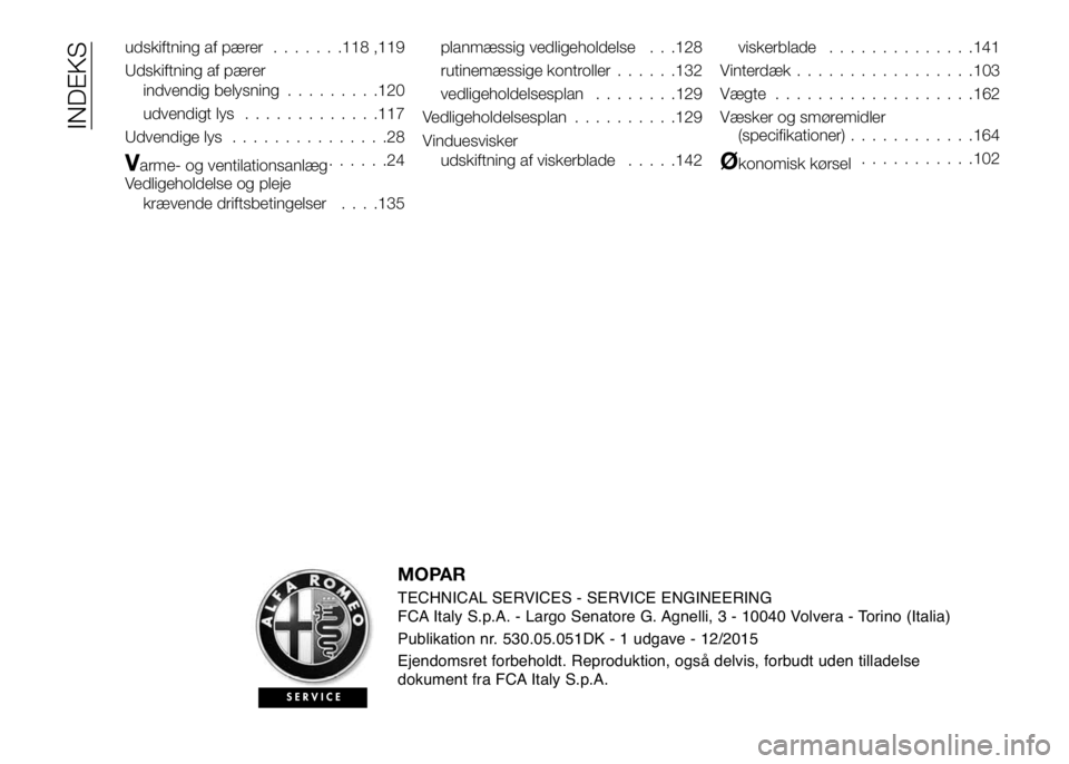 Alfa Romeo 4C 2016  Brugs- og vedligeholdelsesvejledning (in Danish) udskiftning af pærer.......118 ,119
Udskiftning af pærer
indvendig belysning.........120
udvendigt lys.............117
Udvendige lys...............28
Varme- og ventilationsanlæg......24
Vedligehold