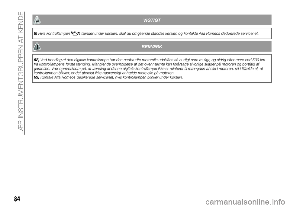 Alfa Romeo 4C 2016  Brugs- og vedligeholdelsesvejledning (in Danish) VIGTIGT
6)Hvis kontrollampentænder under kørslen, skal du omgående standse kørslen og kontakte Alfa Romeos dedikerede servicenet.
BEMÆRK
62)Ved tænding af den digitale kontrollampe bør den nedb