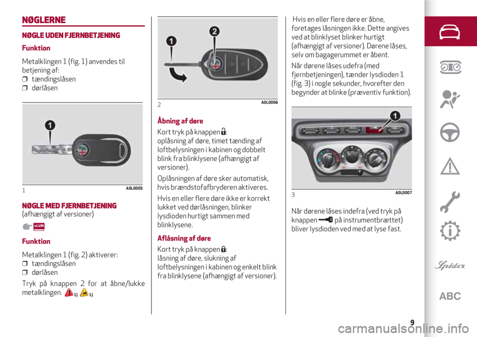 Alfa Romeo 4C 2020  Brugs- og vedligeholdelsesvejledning (in Danish) 9
NØGLERNE
NØGLE UDEN FJERNBETJENING 
Funktion
Metalklingen 1 (fig. 1) anvendes til
betjening af:
❒  tændingslåsen
❒  dørlåsen
NØGLE MED FJERNBETJENING(afhængigt af versioner)
Funktion
Met