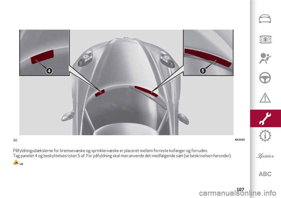 Alfa Romeo 4C 2020  Brugs- og vedligeholdelsesvejledning (in Danish) 107
Påfyldningsdækslerne for bremsevæske og sprinklervæske er placeret mellem forreste kofanger og forruden. 
Tag panelet 4 og beskyttelsesristen 5 af. For påfyldning skal man anvende det medføl