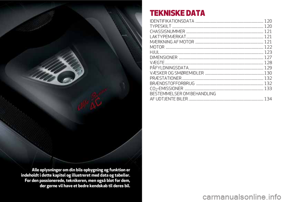 Alfa Romeo 4C 2020 Brugs- og vedligeholdelsesvejledning (in Danish) TEKNISKE DATA
IDENTIFIKATIONSDATA ................................................................................... 120
TYPESKILT .................................................................... Alfa Romeo 4C 2020 Brugs- og vedligeholdelsesvejledning (in Danish) TEKNISKE DATA
IDENTIFIKATIONSDATA ................................................................................... 120
TYPESKILT ....................................................................