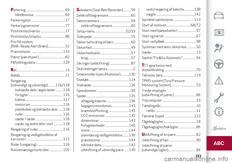 Alfa Romeo 4C 2021  Brugs- og vedligeholdelsesvejledning (in Danish) 151
Parkering ...........................................................69 
håndbremse ...............................................69 
Parkeringslys ..............................................