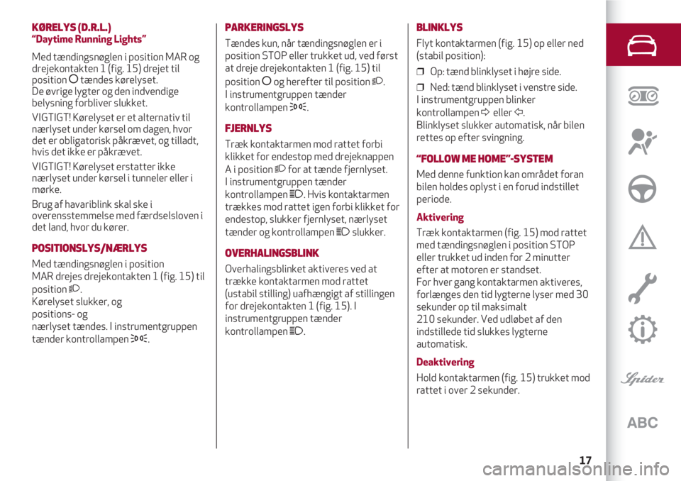 Alfa Romeo 4C 2020  Brugs- og vedligeholdelsesvejledning (in Danish) 17
KØRELYS (D.R.L.)
“Daytime Running Lights”
Med tændingsnøglen i position MAR og
drejekontakten 1 (fig. 15) drejet til
position 
åtændes kørelyset. 
De øvrige lygter og den indvendige
bely