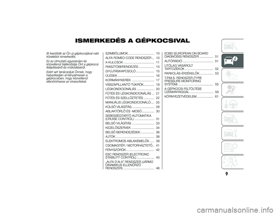 Alfa Romeo 4C 2013  Kezelési és karbantartási útmutató (in Hungarian) ISMERKEDÉS A GÉPKOCSIVAL
Itt kezdődik az Ön új gépkocsijával való
közelebbi ismerkedés.
Ez az útmutató egyszerűen és
közvetlenül tájékoztatja Önt a gépkocsi
felépítéséről és 