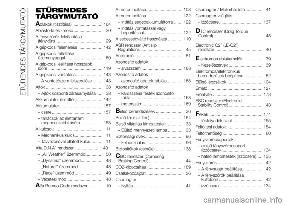 Alfa Romeo 4C 2015  Kezelési és karbantartási útmutató (in Hungarian) ETŰRENDES
TÁRGYMUTATÓ
A
blakok (tisztítása) ........................ 164
Ablaktörlő és -mosó ....................... 30
A fényszórók felvillantása
(fénykürt) ...........................