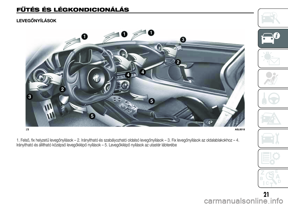 Alfa Romeo 4C 2015 Kezelési és karbantartási útmutató (in Hungarian) FŰTÉS ÉS LÉGKONDICIONÁLÁS
LEVEGŐNYÍLÁSOK
1. Felső, fix helyzetű levegőnyílások – 2. Irányítható és szabályozható oldalsó levegőnyílások – 3. Fix levegőnyílások az oldala Alfa Romeo 4C 2015 Kezelési és karbantartási útmutató (in Hungarian) FŰTÉS ÉS LÉGKONDICIONÁLÁS
LEVEGŐNYÍLÁSOK
1. Felső, fix helyzetű levegőnyílások – 2. Irányítható és szabályozható oldalsó levegőnyílások – 3. Fix levegőnyílások az oldala