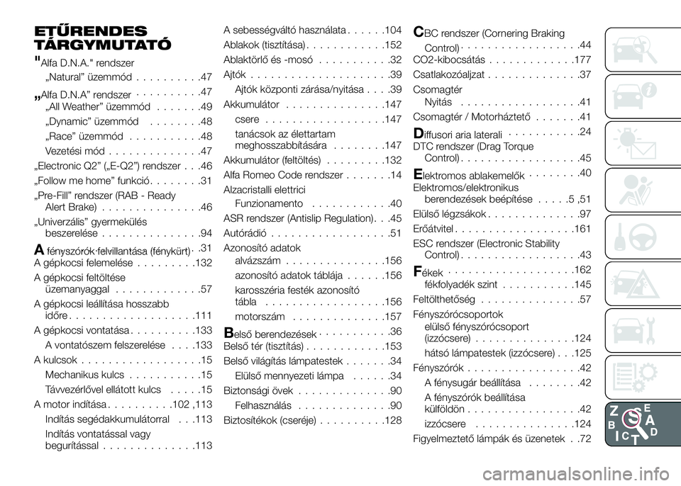 Alfa Romeo 4C 2016  Kezelési és karbantartási útmutató (in Hungarian) ETŰRENDES
TÁRGYMUTATÓ
"Alfa D.N.A." rendszer
„Natural” üzemmód..........47
„Alfa D.N.A” rendszer..........47
„All Weather” üzemmód.......49
„Dynamic” üzemmód........48