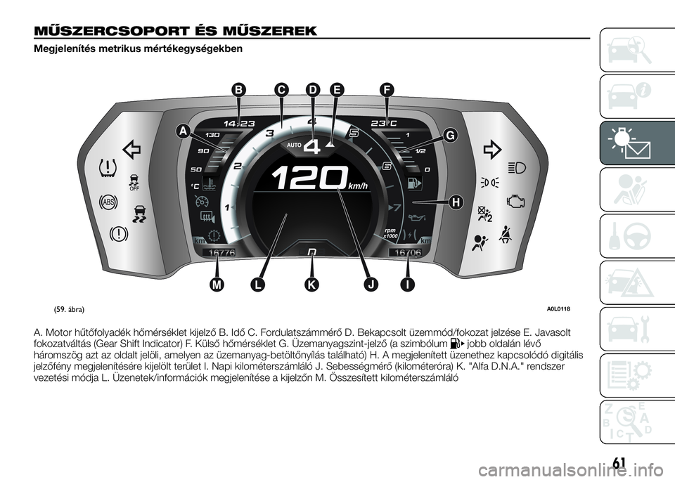 Alfa Romeo 4C 2016 Kezelési és karbantartási útmutató (in Hungarian) MŰSZERCSOPORT ÉS MŰSZEREK
Megjelenítés metrikus mértékegységekben
A. Motor hűtőfolyadék hőmérséklet kijelző B. Idő C. Fordulatszámmérő D. Bekapcsolt üzemmód/fokozat jelzése E. Ja Alfa Romeo 4C 2016 Kezelési és karbantartási útmutató (in Hungarian) MŰSZERCSOPORT ÉS MŰSZEREK
Megjelenítés metrikus mértékegységekben
A. Motor hűtőfolyadék hőmérséklet kijelző B. Idő C. Fordulatszámmérő D. Bekapcsolt üzemmód/fokozat jelzése E. Ja