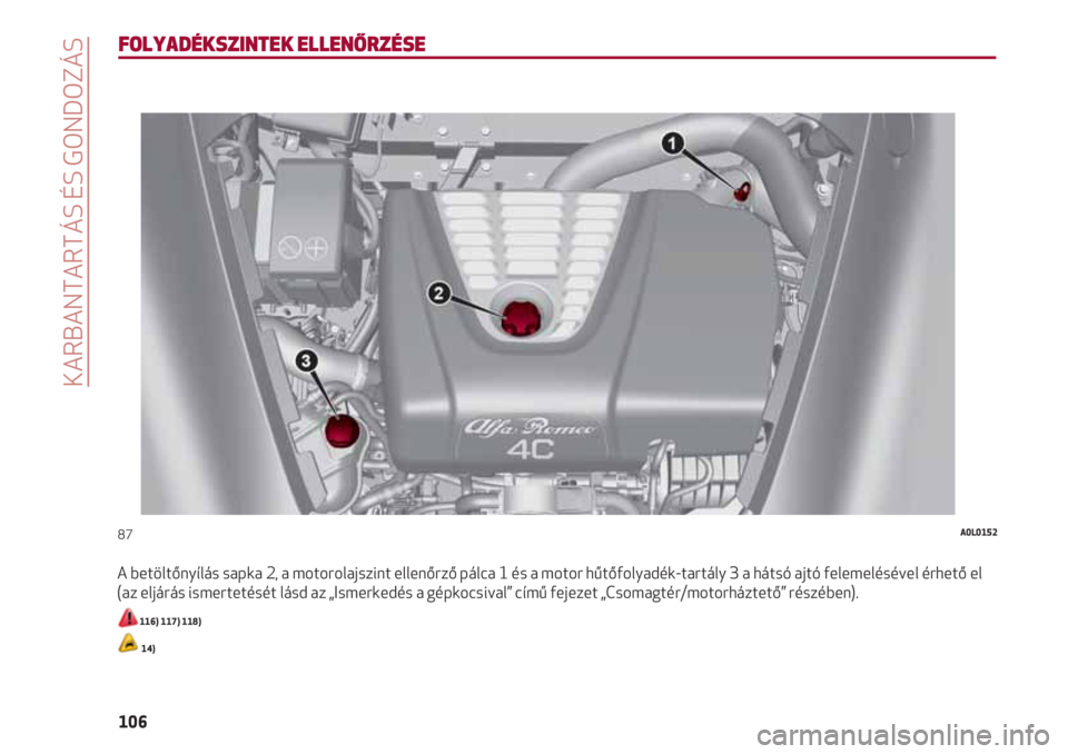Alfa Romeo 4C 2020  Kezelési és karbantartási útmutató (in Hungarian) KARBANTARTÁS ÉS GONDOZÁS
106
FOLYADÉKSZINTEK ELLENŐRZÉSE
A betöltőnyílás sapka 2, a motorolajszint ellenőrző pálca 1 és a motor hűtőfolyadék-tartály 3 a hátsó ajtó felemelésével