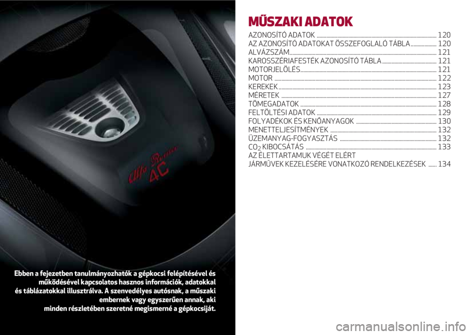 Alfa Romeo 4C 2020 Kezelési és karbantartási útmutató (in Hungarian) MŰSZAKI ADATOK
AZONOSÍTÓ ADATOK ........................................................................................ 120
AZ AZONOSÍTÓ ADATOKAT ÖSSZEFOGLALÓ TÁBLA ................... 120
A Alfa Romeo 4C 2020 Kezelési és karbantartási útmutató (in Hungarian) MŰSZAKI ADATOK
AZONOSÍTÓ ADATOK ........................................................................................ 120
AZ AZONOSÍTÓ ADATOKAT ÖSSZEFOGLALÓ TÁBLA ................... 120
A