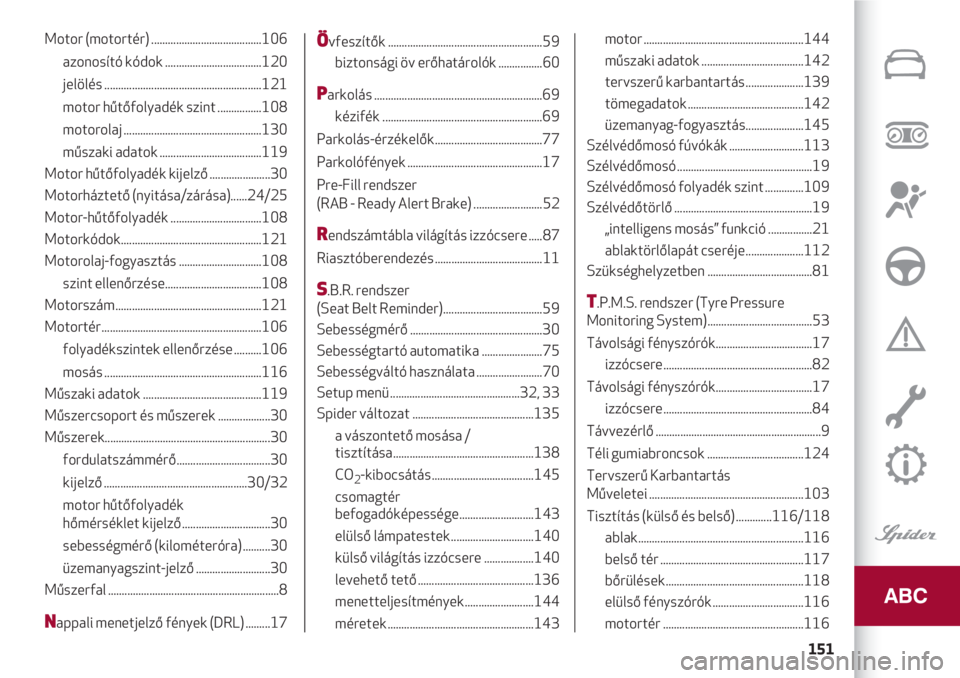 Alfa Romeo 4C 2020  Kezelési és karbantartási útmutató (in Hungarian) 151
Motor (motortér) ........................................106
azonosító kódok ...................................120
jelölés .........................................................121
motor