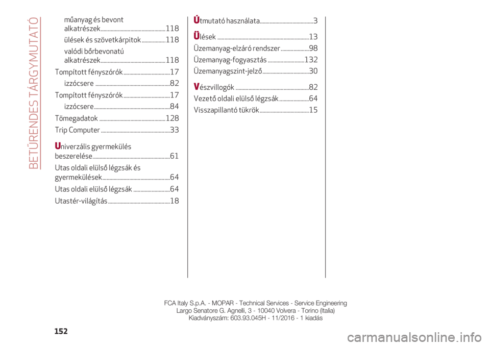 Alfa Romeo 4C 2020  Kezelési és karbantartási útmutató (in Hungarian) BETŰRENDES TÁRGYMUTATÓ
152
műanyag és bevont 
alkatrészek..............................................118
ülések és szövetkárpitok .................118 
valódi bőrbevonatú 
alkatrészek