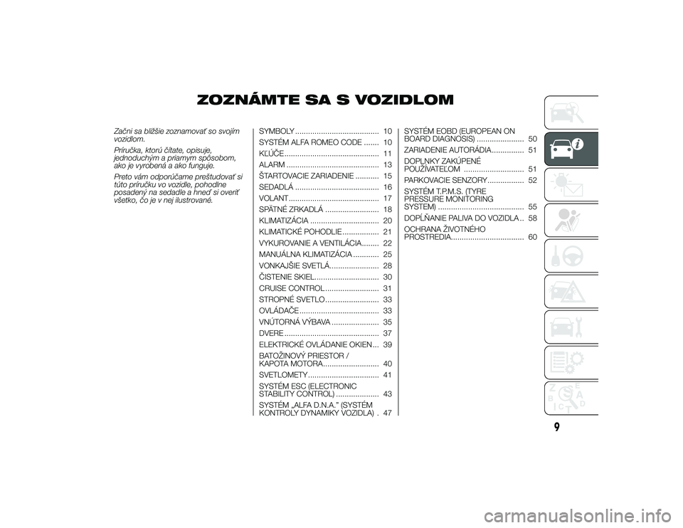 Alfa Romeo 4C 2014 Návod na použitie a údržbu (in Slovakian) ZOZNÁMTE SA S VOZIDLOM
Začni sa bližšie zoznamovať so svojím
vozidlom.
Príručka, ktorú čítate, opisuje,
jednoduchým a priamym spôsobom,
ako je vyrobená a ako funguje.
Preto vám odporú Alfa Romeo 4C 2014 Návod na použitie a údržbu (in Slovakian) ZOZNÁMTE SA S VOZIDLOM
Začni sa bližšie zoznamovať so svojím
vozidlom.
Príručka, ktorú čítate, opisuje,
jednoduchým a priamym spôsobom,
ako je vyrobená a ako funguje.
Preto vám odporú