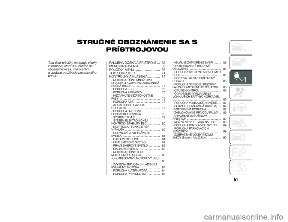 Alfa Romeo 4C 2013 Návod na použitie a údržbu (in Slovakian) STRUČNÉ OBOZNÁMENIE SA SPRÍSTROJOVOU
Táto časť príručky poskytuje všetky
informácie, ktoré sú užitočné na
oboznámenie sa, interpretáciu
a správne používanie prístrojového
panela Alfa Romeo 4C 2013 Návod na použitie a údržbu (in Slovakian) STRUČNÉ OBOZNÁMENIE SA SPRÍSTROJOVOU
Táto časť príručky poskytuje všetky
informácie, ktoré sú užitočné na
oboznámenie sa, interpretáciu
a správne používanie prístrojového
panela