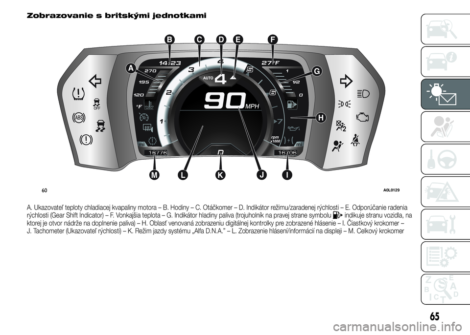 Alfa Romeo 4C 2015  Návod na použitie a údržbu (in Slovakian) Zobrazovanie s britskými jednotkami
A. Ukazovateľ teploty chladiacej kvapaliny motora – B. Hodiny – C. Otáčkomer – D. Indikátor režimu/zaradenej rýchlosti – E. Odporúčanie radenia
rý