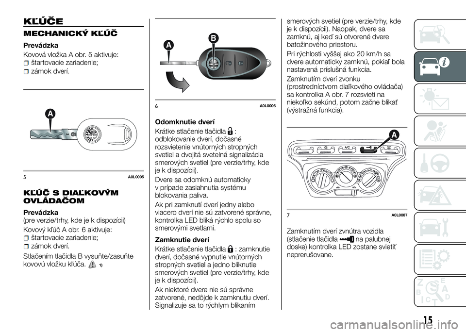Alfa Romeo 4C 2016  Návod na použitie a údržbu (in Slovakian) KĽÚČE
MECHANICKÝ KĽÚČ
Prevádzka
Kovová vložka A obr. 5 aktivuje:
štartovacie zariadenie;
zámok dverí.
KĽÚČ S DIAĽKOVÝM
OVLÁDAČOM
Prevádzka
(pre verzie/trhy, kde je k dispozícii)
