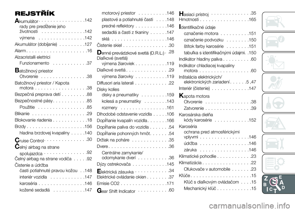 Alfa Romeo 4C 2016  Návod na použitie a údržbu (in Slovakian) REJSTŘÍK
Akumulátor................142
rady pre predĺženie jeho
životnosti...............142
výmena................142
Akumulátor (dobíjanie).........127
Alarm.....................16
Alzacris