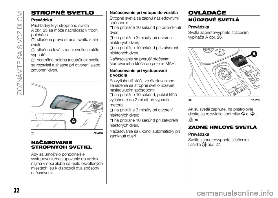 Alfa Romeo 4C 2016  Návod na použitie a údržbu (in Slovakian) STROPNÉ SVETLO
Prevádzka
Priehľadný kryt stropného svetla
A obr. 25 sa môže nachádzať v troch
polohách.
stlačená pravá strana: svetlo stále
svieti
stlačená ľavá strana: svetlo je st�