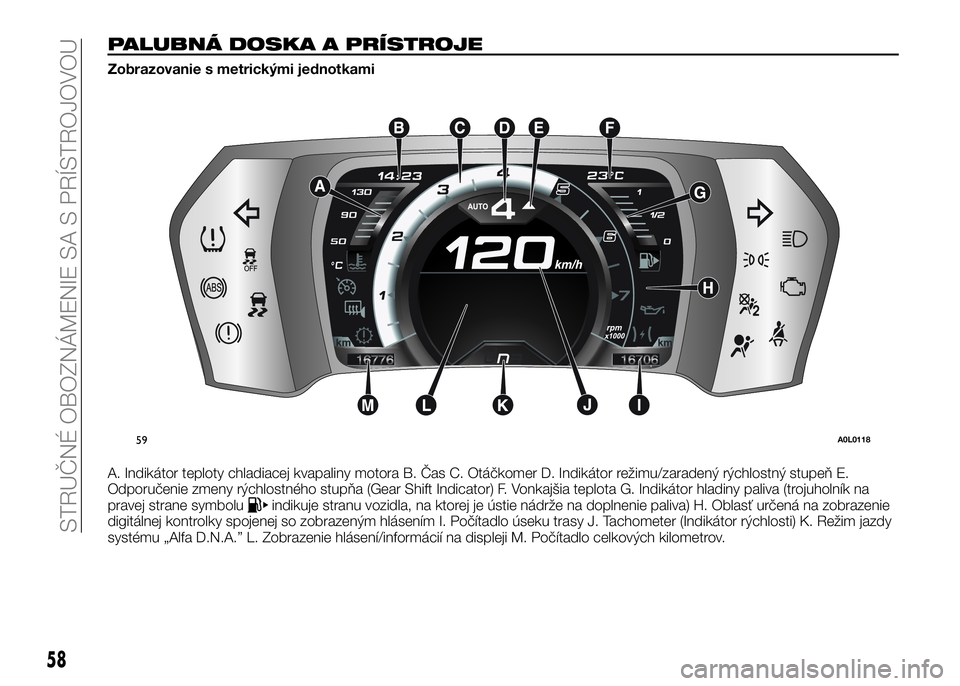 Alfa Romeo 4C 2016 Návod na použitie a údržbu (in Slovakian) PALUBNÁ DOSKA A PRÍSTROJE
Zobrazovanie s metrickými jednotkami
A. Indikátor teploty chladiacej kvapaliny motora B. Čas C. Otáčkomer D. Indikátor režimu/zaradený rýchlostný stupeň E.
Odpor Alfa Romeo 4C 2016 Návod na použitie a údržbu (in Slovakian) PALUBNÁ DOSKA A PRÍSTROJE
Zobrazovanie s metrickými jednotkami
A. Indikátor teploty chladiacej kvapaliny motora B. Čas C. Otáčkomer D. Indikátor režimu/zaradený rýchlostný stupeň E.
Odpor