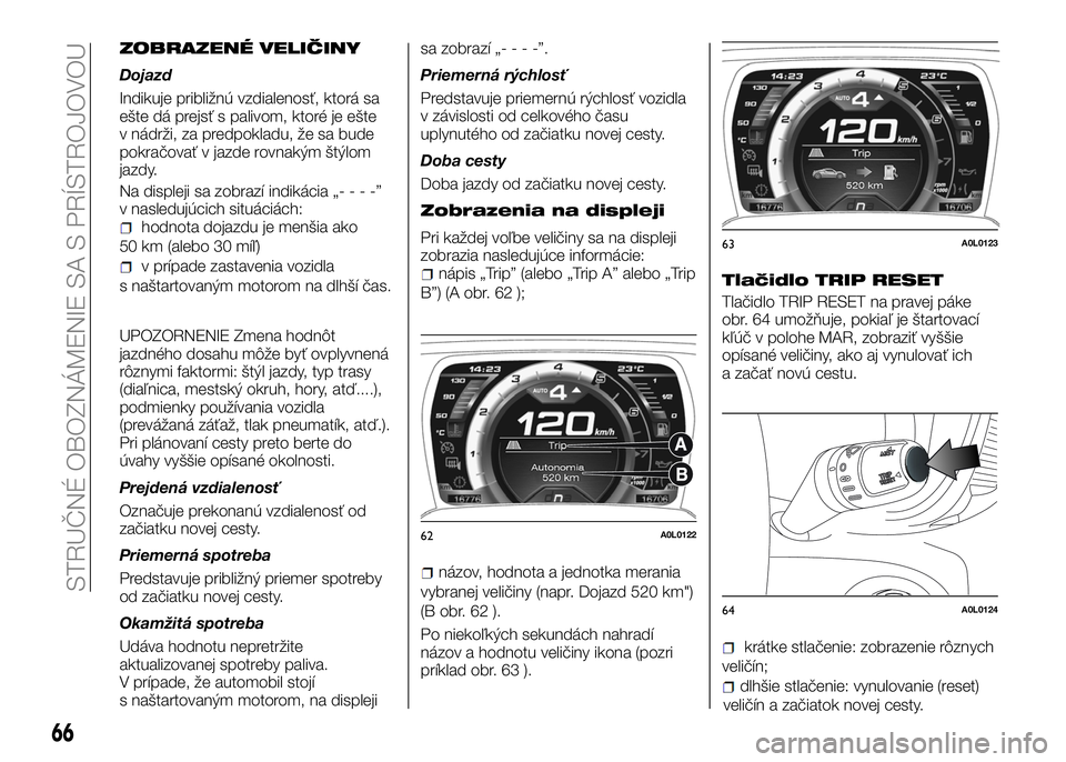 Alfa Romeo 4C 2016 Návod na použitie a údržbu (in Slovakian) ZOBRAZENÉ VELIČINY
Dojazd
Indikuje približnú vzdialenosť, ktorá sa
ešte dá prejsť s palivom, ktoré je ešte
v nádrži, za predpokladu, že sa bude
pokračovať v jazde rovnakým štýlom
ja Alfa Romeo 4C 2016 Návod na použitie a údržbu (in Slovakian) ZOBRAZENÉ VELIČINY
Dojazd
Indikuje približnú vzdialenosť, ktorá sa
ešte dá prejsť s palivom, ktoré je ešte
v nádrži, za predpokladu, že sa bude
pokračovať v jazde rovnakým štýlom
ja