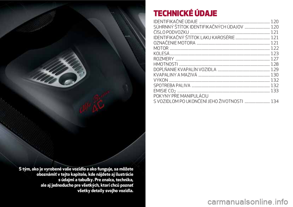 Alfa Romeo 4C 2021  Návod na použitie a údržbu (in Slovakian) TECHNICKÉ ÚDAJE
IDENTIFIKAČNÉ ÚDAJE  .................................................................................... 120
SÚHRNNÝ ŠTÍTOK IDENTIFIKAČNÝCH ÚDAJOV  .......................