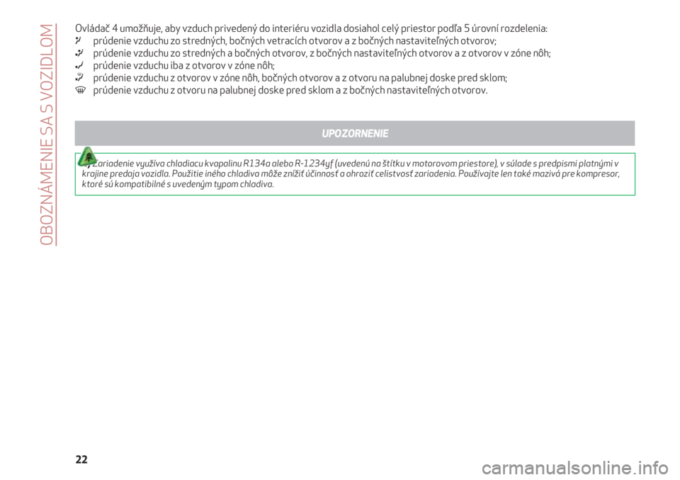 Alfa Romeo 4C 2020  Návod na použitie a údržbu (in Slovakian) OBOZNÁMENIE SA S VOZIDLOM
22 Ovládač 4 umožňuje, aby vzduch privedený do interiéru vozidla dosiahol celý priestor podľa 5 úrovní rozdelenia:
μprúdenie vzduchu zo stredných, bočných vet