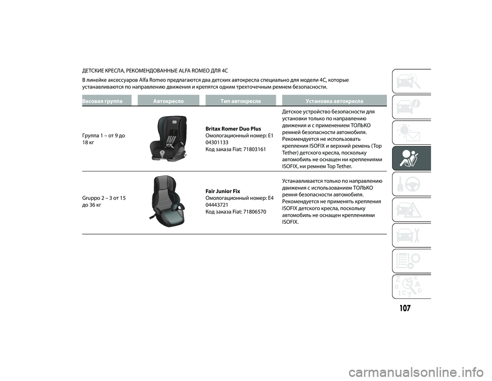 Alfa Romeo 4C 2020  Руководство по эксплуатации и техобслуживанию (in Russian) ДЕТСКИЕ КРЕСЛА, РЕКОМЕНДОВАННЫЕ ALFA ROMEO ДЛЯ 4C
Влинейке аксессуаЖTов Alfa Romeo пЖTедлагаются два детских автокЖTесл