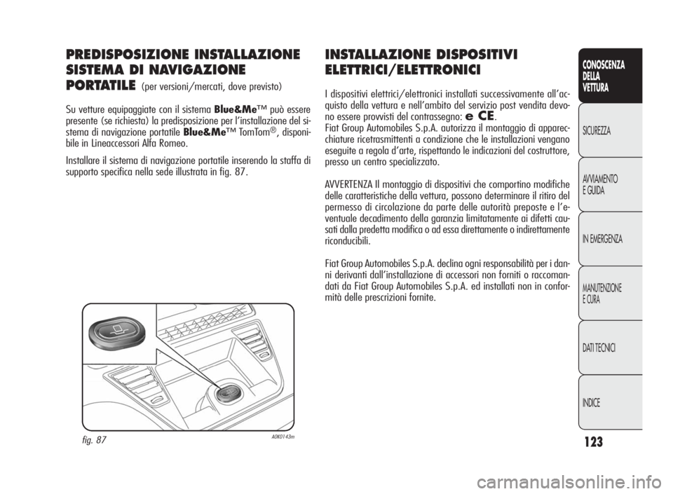 Alfa Romeo Giulietta 2010  Libretto Uso Manutenzione (in Italian) 123
CONOSCENZA
DELLA
VETTURA
SICUREZZA
AVVIAMENTO
EGUIDA
IN EMERGENZA
MANUTENZIONE
ECURA
DATI TECNICI
INDICE
INSTALLAZIONE DISPOSITIVI
ELETTRICI/ELETTRONICI
I dispositivi elettrici/elettronici install
