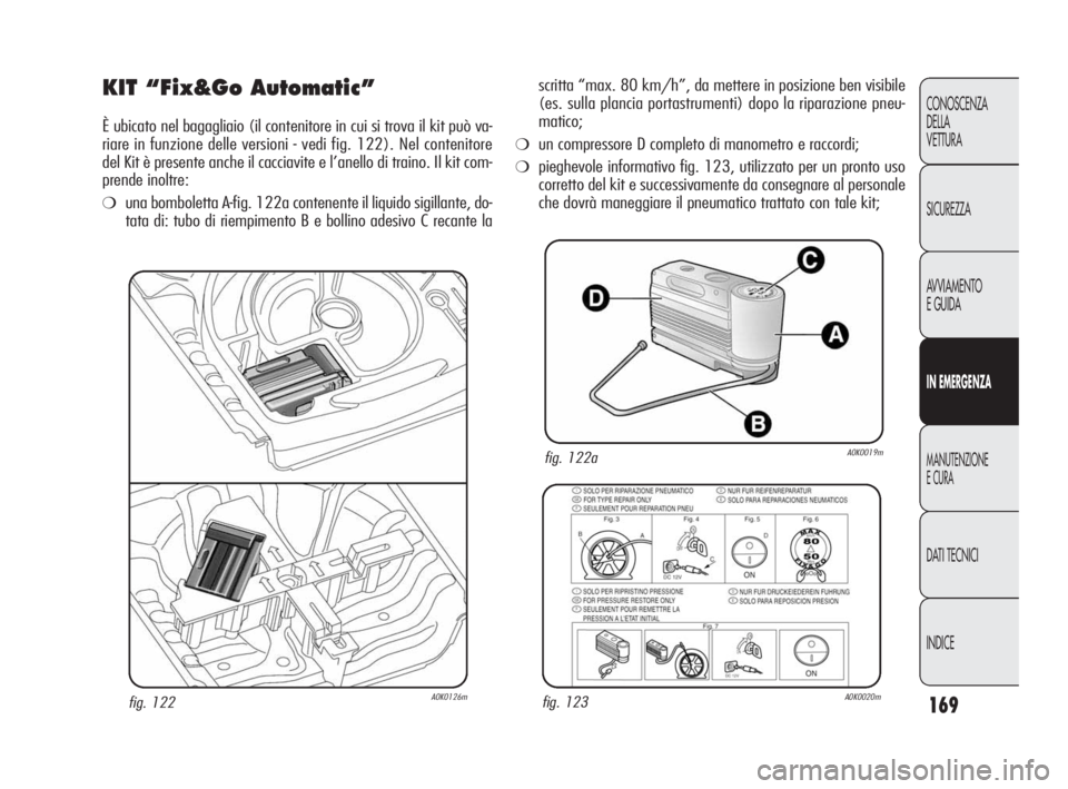 Alfa Romeo Giulietta 2010  Libretto Uso Manutenzione (in Italian) 169
CONOSCENZA
DELLA 
VETTURA
SICUREZZA
AVVIAMENTO
E GUIDA
IN EMERGENZA
MANUTENZIONE
E CURA
DATI TECNICI
INDICE
KIT “Fix&Go Automatic”
È ubicato nel bagagliaio (il contenitore in cui si trova il 