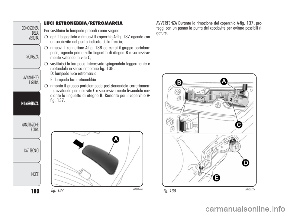 Alfa Romeo Giulietta 2010 Libretto Uso Manutenzione (in Italian) 180
CONOSCENZA
DELLA
VETTURA
SICUREZZA
AVVIAMENTO
E GUIDA
IN EMERGENZA
MANUTENZIONE
E CURA
DATI TECNICI
INDICE
LUCI RETRONEBBIA/RETROMARCIA
Per sostituire le lampade procedi come segue:
❍apri il ba Alfa Romeo Giulietta 2010 Libretto Uso Manutenzione (in Italian) 180
CONOSCENZA
DELLA
VETTURA
SICUREZZA
AVVIAMENTO
E GUIDA
IN EMERGENZA
MANUTENZIONE
E CURA
DATI TECNICI
INDICE
LUCI RETRONEBBIA/RETROMARCIA
Per sostituire le lampade procedi come segue:
❍apri il ba