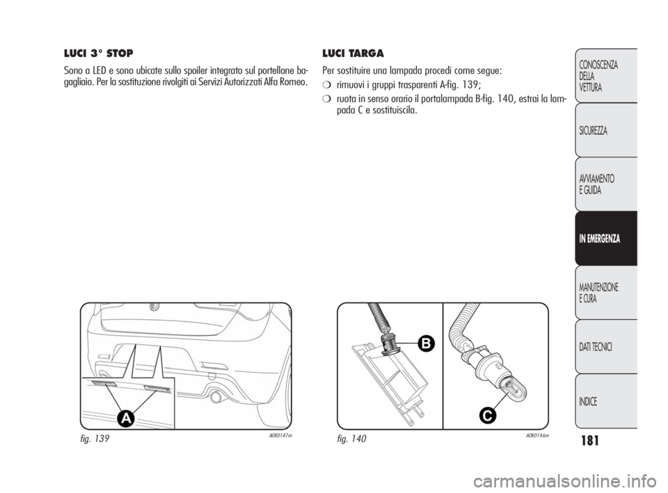 Alfa Romeo Giulietta 2010 Libretto Uso Manutenzione (in Italian) 181
CONOSCENZA
DELLA
VETTURA
SICUREZZA
AVVIAMENTO
E GUIDA
IN EMERGENZA
MANUTENZIONE
E CURA
DATI TECNICI
INDICE
LUCI 3° STOP
Sono a LED e sono ubicate sullo spoiler integrato sul portellone ba-
gagli Alfa Romeo Giulietta 2010 Libretto Uso Manutenzione (in Italian) 181
CONOSCENZA
DELLA
VETTURA
SICUREZZA
AVVIAMENTO
E GUIDA
IN EMERGENZA
MANUTENZIONE
E CURA
DATI TECNICI
INDICE
LUCI 3° STOP
Sono a LED e sono ubicate sullo spoiler integrato sul portellone ba-
gagli
