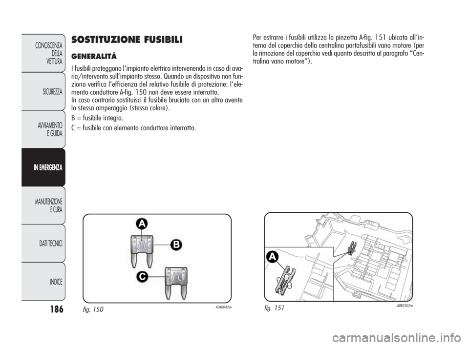 Alfa Romeo Giulietta 2010 Libretto Uso Manutenzione (in Italian) 186
CONOSCENZA
DELLA
VETTURA
SICUREZZA
AVVIAMENTO
E GUIDA
IN EMERGENZA
MANUTENZIONE
E CURA
DATI TECNICI
INDICE
SOSTITUZIONE FUSIBILI
GENERALITÀ
I fusibili proteggono l’impianto elettrico interven Alfa Romeo Giulietta 2010 Libretto Uso Manutenzione (in Italian) 186
CONOSCENZA
DELLA
VETTURA
SICUREZZA
AVVIAMENTO
E GUIDA
IN EMERGENZA
MANUTENZIONE
E CURA
DATI TECNICI
INDICE
SOSTITUZIONE FUSIBILI
GENERALITÀ
I fusibili proteggono l’impianto elettrico interven