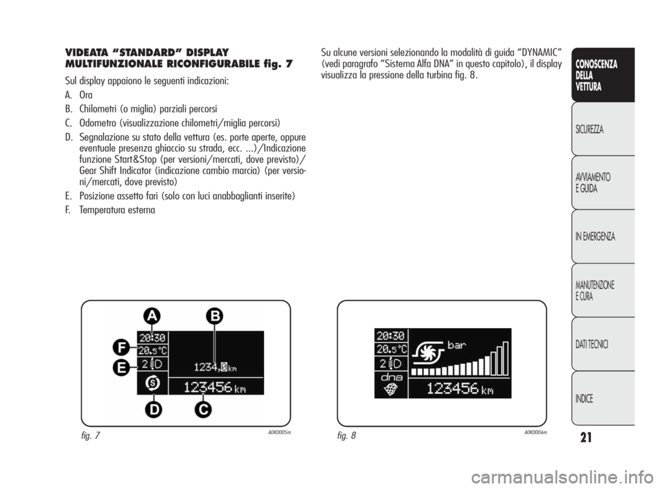 Alfa Romeo Giulietta 2010 Libretto Uso Manutenzione (in Italian) 21
CONOSCENZA
DELLA
VETTURA
SICUREZZA
AVVIAMENTO
EGUIDA
IN EMERGENZA
MANUTENZIONE
ECURA
DATI TECNICI
INDICE
VIDEATA “STANDARD” DISPLAY
MULTIFUNZIONALE RICONFIGURABILE fig. 7
Sul display appaiono l Alfa Romeo Giulietta 2010 Libretto Uso Manutenzione (in Italian) 21
CONOSCENZA
DELLA
VETTURA
SICUREZZA
AVVIAMENTO
EGUIDA
IN EMERGENZA
MANUTENZIONE
ECURA
DATI TECNICI
INDICE
VIDEATA “STANDARD” DISPLAY
MULTIFUNZIONALE RICONFIGURABILE fig. 7
Sul display appaiono l