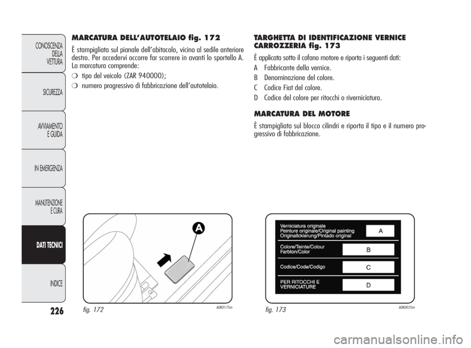 Alfa Romeo Giulietta 2010 Libretto Uso Manutenzione (in Italian) 226
CONOSCENZA
DELLA
VETTURA
SICUREZZA
AVVIAMENTO
E GUIDA
IN EMERGENZA
MANUTENZIONE
E CURA
DATI TECNICI
INDICE
MARCATURA DELL’AUTOTELAIO fig. 172
È stampigliata sul pianale dell’abitacolo, vicin Alfa Romeo Giulietta 2010 Libretto Uso Manutenzione (in Italian) 226
CONOSCENZA
DELLA
VETTURA
SICUREZZA
AVVIAMENTO
E GUIDA
IN EMERGENZA
MANUTENZIONE
E CURA
DATI TECNICI
INDICE
MARCATURA DELL’AUTOTELAIO fig. 172
È stampigliata sul pianale dell’abitacolo, vicin