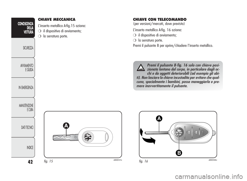 Alfa Romeo Giulietta 2010 Libretto Uso Manutenzione (in Italian) 42
CONOSCENZA
DELLA
VETTURA
SICUREZZA
AVVIAMENTO
E GUIDA
IN EMERGENZA
MANUTENZIONE
ECURA
DATI TECNICI
INDICE
CHIAVE MECCANICA
L’inserto metallico A-fig.15 aziona:
❍il dispositivo di avviamento;
Alfa Romeo Giulietta 2010 Libretto Uso Manutenzione (in Italian) 42
CONOSCENZA
DELLA
VETTURA
SICUREZZA
AVVIAMENTO
E GUIDA
IN EMERGENZA
MANUTENZIONE
ECURA
DATI TECNICI
INDICE
CHIAVE MECCANICA
L’inserto metallico A-fig.15 aziona:
❍il dispositivo di avviamento;